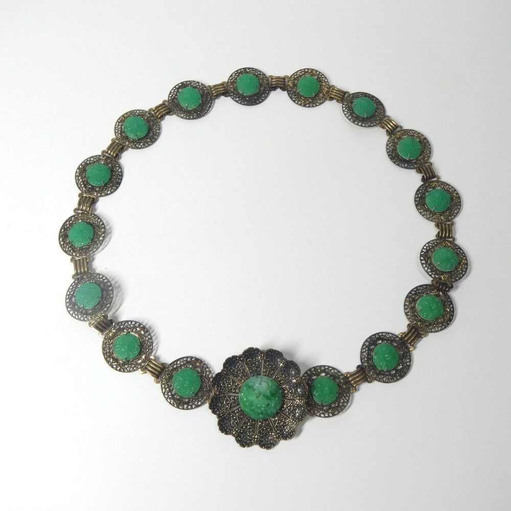 Metal Flower Link Belt w/ Carved Green Glass 26" Small Vintage Victorian